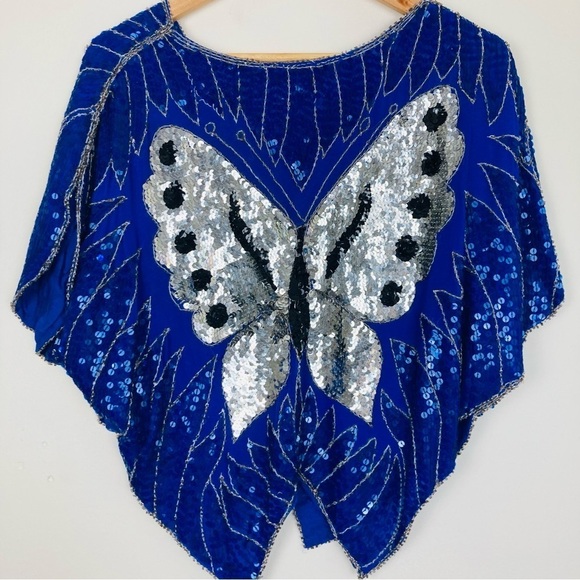 Vintage 80 silk sequined butterfly top. Silver and cobalt/royal blue sequins. - Picture 4 of 6